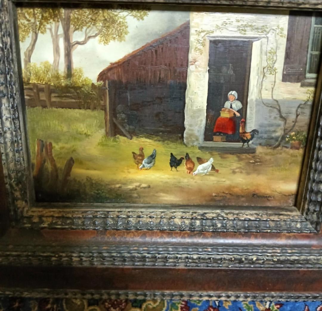 Artist Unknown, "Farm Woman and Chicken," Oil on Canvas, Irregular Size - 5