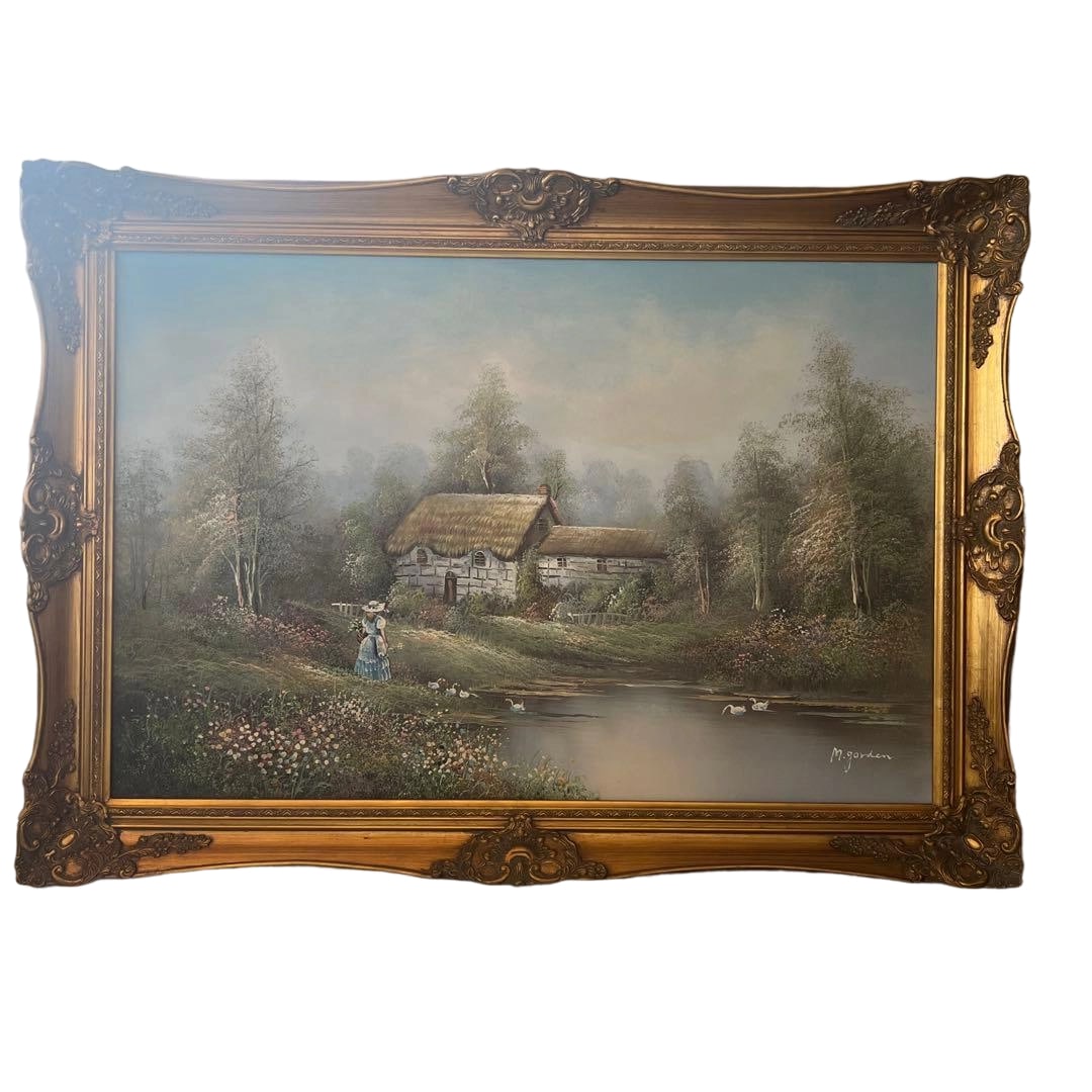 M. Gorden "Warabuki Yane no Koya to Mizuumi no Fukei" Oil Painting, Extra Large Size: Title Landscape Oil Painting, Extra Large Size Description There are no scratches on the image, but the back is stained. A framed oil painting depicting a thatched-roof hut and a lake landscape. Signa