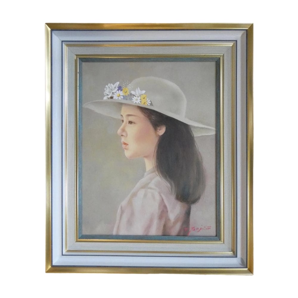 Fujii Tsutomu "Hana no Boshi" Oil Painting, Size F6: Title Framed Oil Painting by Fujii Tsutomu F6 "Flower Hat" Hand-painted Description Product Dimensions Screen Size: Approximately 32 cm to 41 cm Overall Size: Approximately 45.5 cm to 54.5 cm Conditio