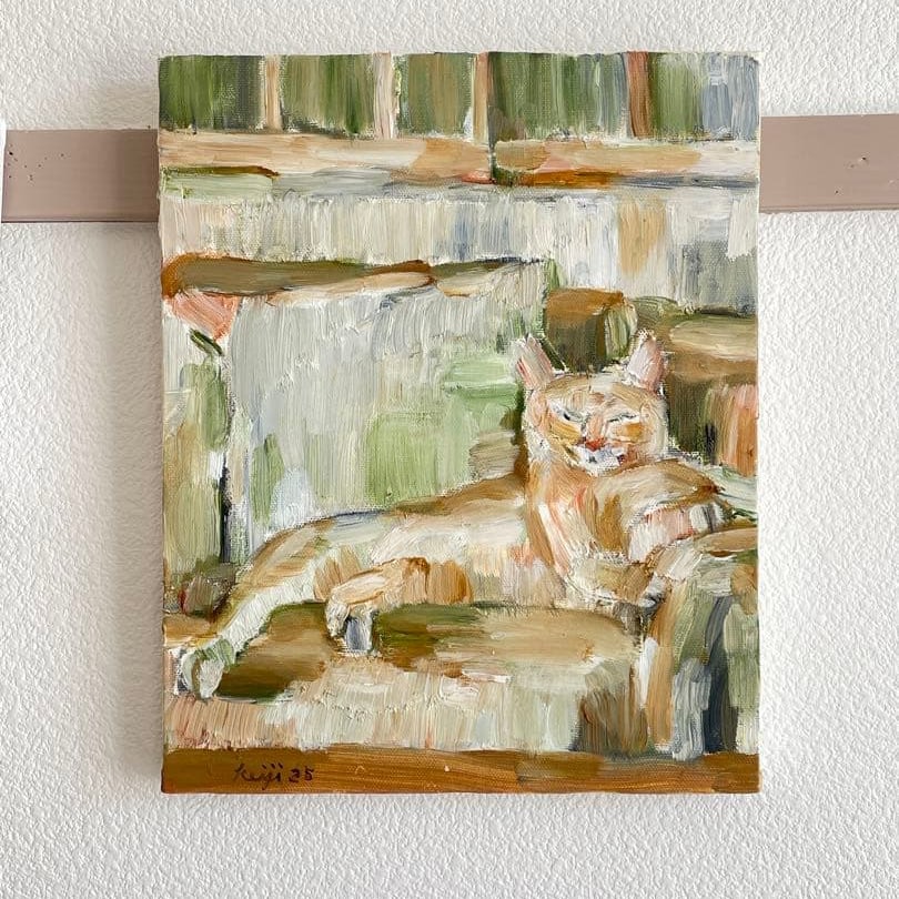 Neko Oil Painting, F3 Size: Title Original Painting/Oil Painting "Neko" | F3 Canvas | Produced in 2025 | Unique Item | Framed Image Available Description Depicting a moment of tranquility, this is a unique oil painting A cat rel