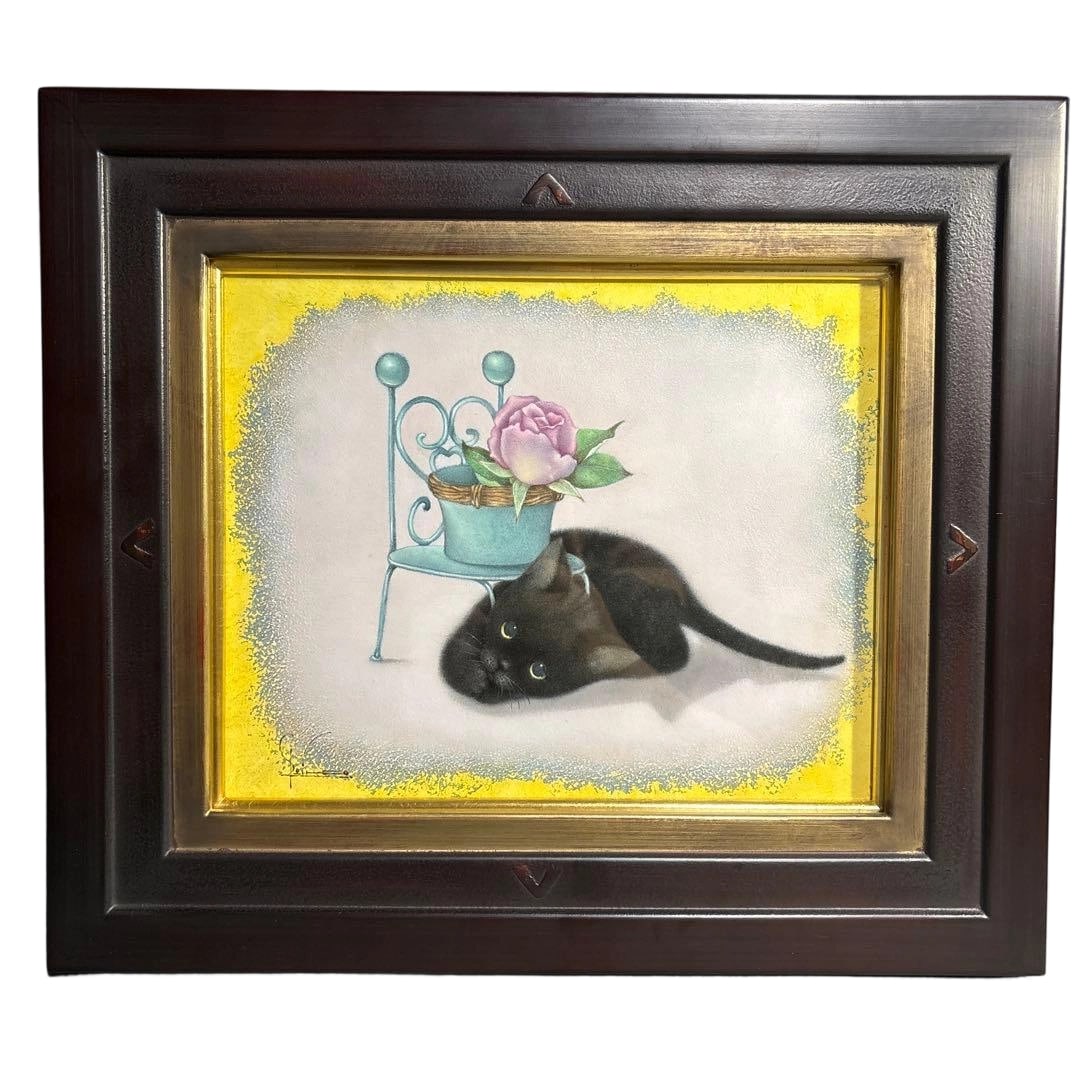 Kawauchi Reiko "HANA" Oil on Canvas, F3 Size: Kawauchi Reiko Oil Painting "HANA" F3 Framed Black Cat Freight: 1.International Freight: Foreign shipping charges are determined by destination. 2.Photos, descriptions and valuations have been meticul