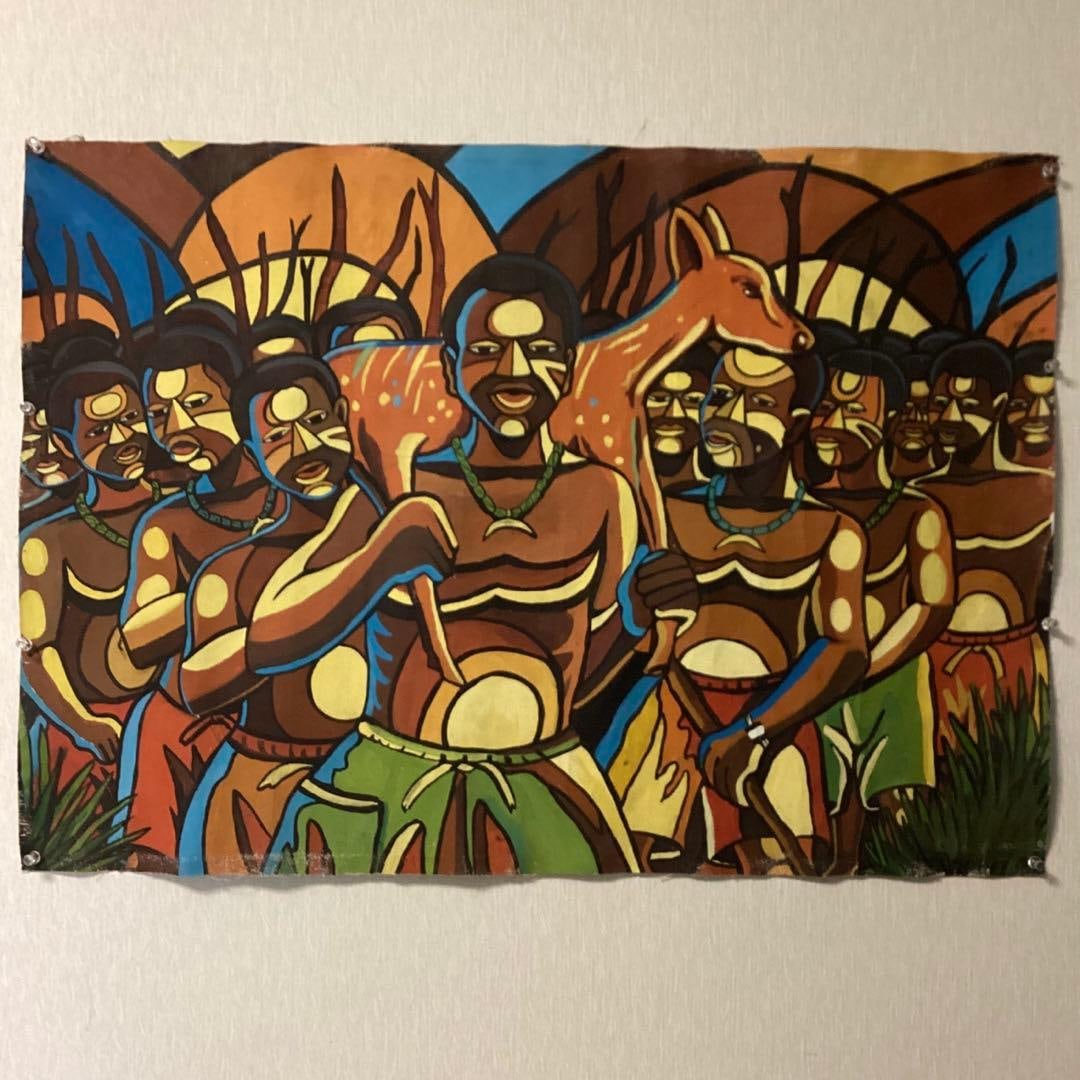 Abo Achire "Shikaoi Matsuri" Oil Painting: Title Painting: Aboachire, Deer Hunting Festival Description Type of Painting: Oil Painting Size: Height 50cm x Width 71cm No Frame Created in 1989 There are no noticeable stains or scratches, but the