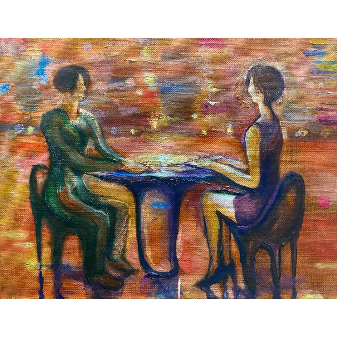 KMSKV "Hikari no Aida de, Futari wa Hanasu" Oil Painting FSM Size: Title In the Light, They Speak | Oil Painting Original Modern Art Description Original/Oil Painting In the Light, They Speak | Work by kskv This is an oil painting depicting a quiet conversation. The 