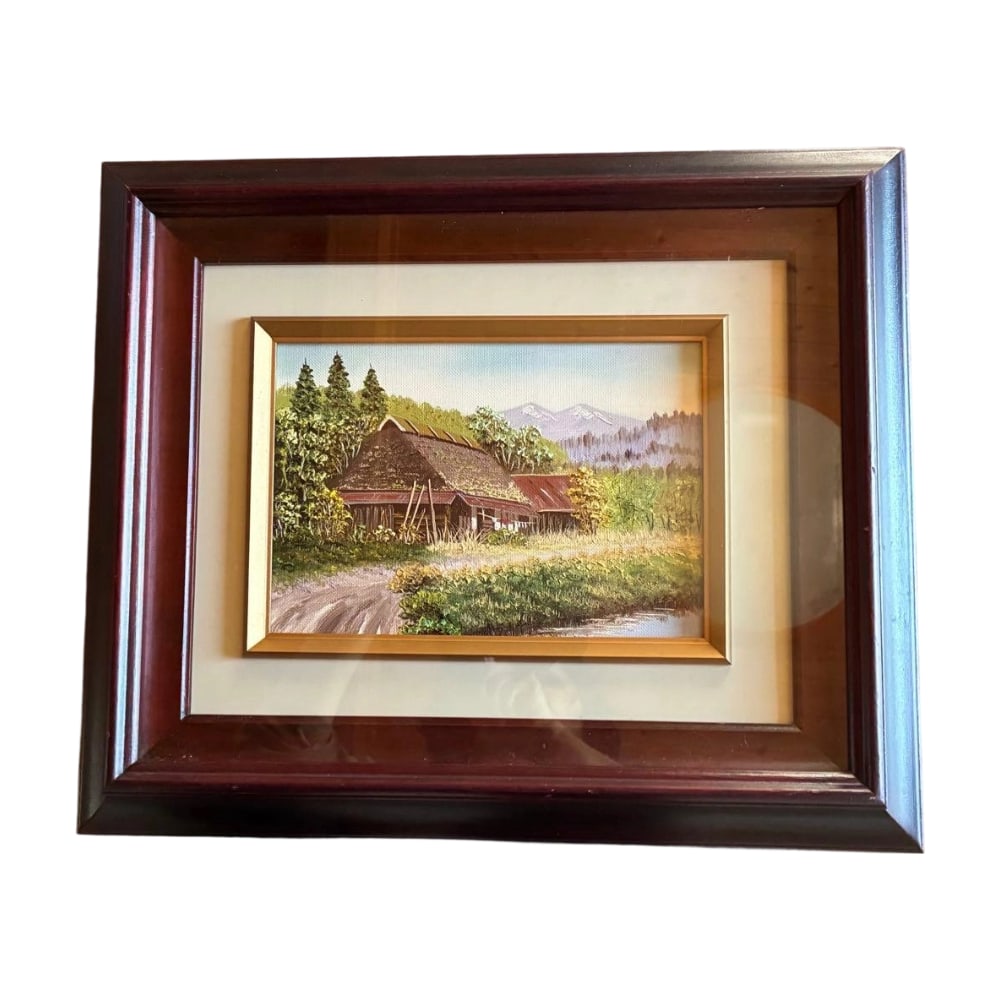 Masashi Masui, "Shinshu" Landscape Painting, Oil on Canvas: Title Masui Tadashi "Shinshu" Landscape Painting Oil on Canvas with Frame Description Masui Tadashi's "Shinshu" This is an oil painting depicting a landscape of thatched houses, mountains, and rivers.