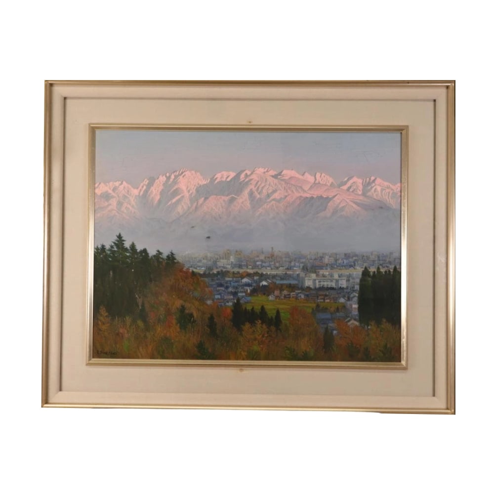 Shimazaki Rikimatsu, "Yubae no Tateyama Renpo (Kurehayama nite)" Oil on Canvas: Title Original Work by Rikamatsu Shimazaki 'Evening Glow on the Tateyama Mountain Range (at Kureha Mountain)' Oil Painting Description Lacquer surface has cracks and stains Frame dimensions approximat