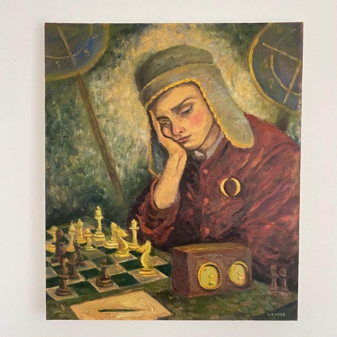 "Flight Cap Chess Player" Oil on Canvas, Size F10: Title: Chess Player F10 Oil Painting Description: Unique Original Handmade Work "The Chess Player with a Flight Cap" Executed in an Antique Style Oil Paint on Canvas Size F10 (530*455mm) Frame Not Inc