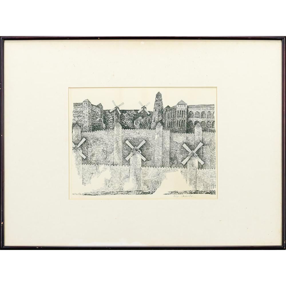 Shibata Koichi "Fusha Kojo" Pen Drawing: Title Pen Drawing of Windmill and Ancient Castle by Koichi Shibata, Hosted by Aichi University of Education Art Class, Studied Abroad in Spain Description Koichi Shibata Born in Nagoya City in 1956, g