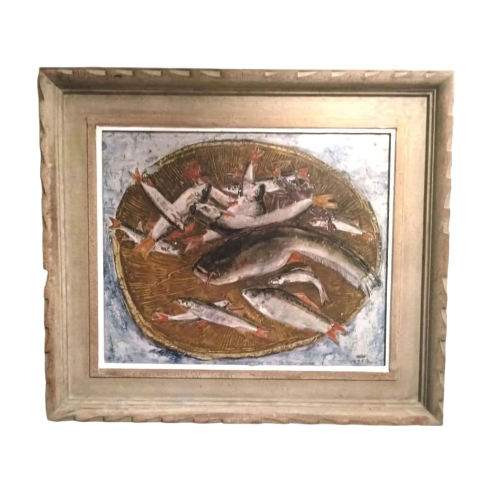 Kataoka Yoichi "Sakana-zu" Oil Painting: Title 1954 Fish Painting / Artist: Kataoka Yoichi Oil Painting of Catfish, Crucian Carp, and Small Fish Description Height: 55 cm x Width: 62.5 cm Height: 36 cm x Width: 43.5 cm Reference Born in 1932