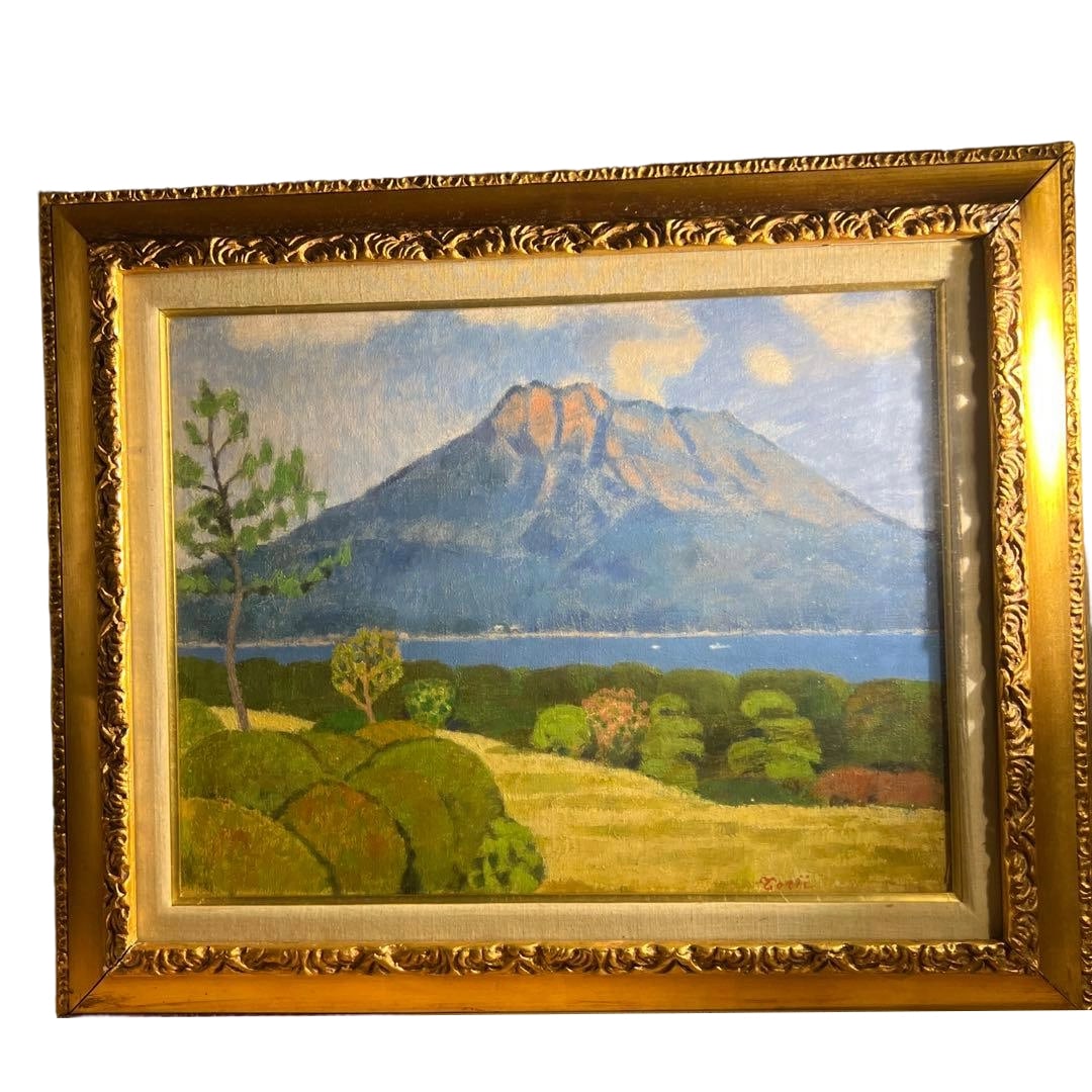 Toshifumi Torii "Sakurajima" Oil Painting: Title Oil Painting "Sakurajima" by Torii Toshifumi, Landscape with Frame Description This is an oil painting with a substantial gold frame, capturing the magnificent scenery of "Sakurajima" with power