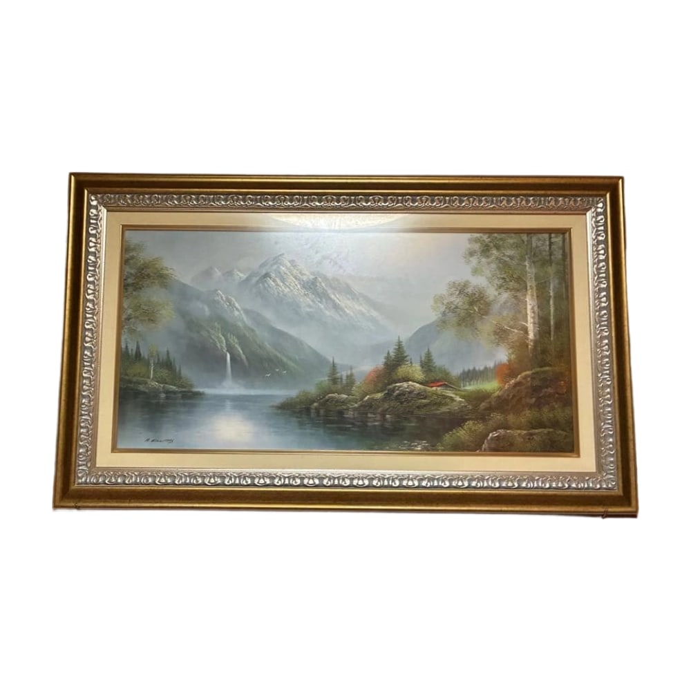 A. WILLIAMS "Landscape of Mountains and Lakes" Oil Painting: Title A. WILLIAMS Oil Painting of Mountain and Lake Scenery Description An oil painting by A. WILLIAMS, depicting a beautiful landscape of mountains and lakes. - Artist Name: A. WILLIAMS - Frame Desig