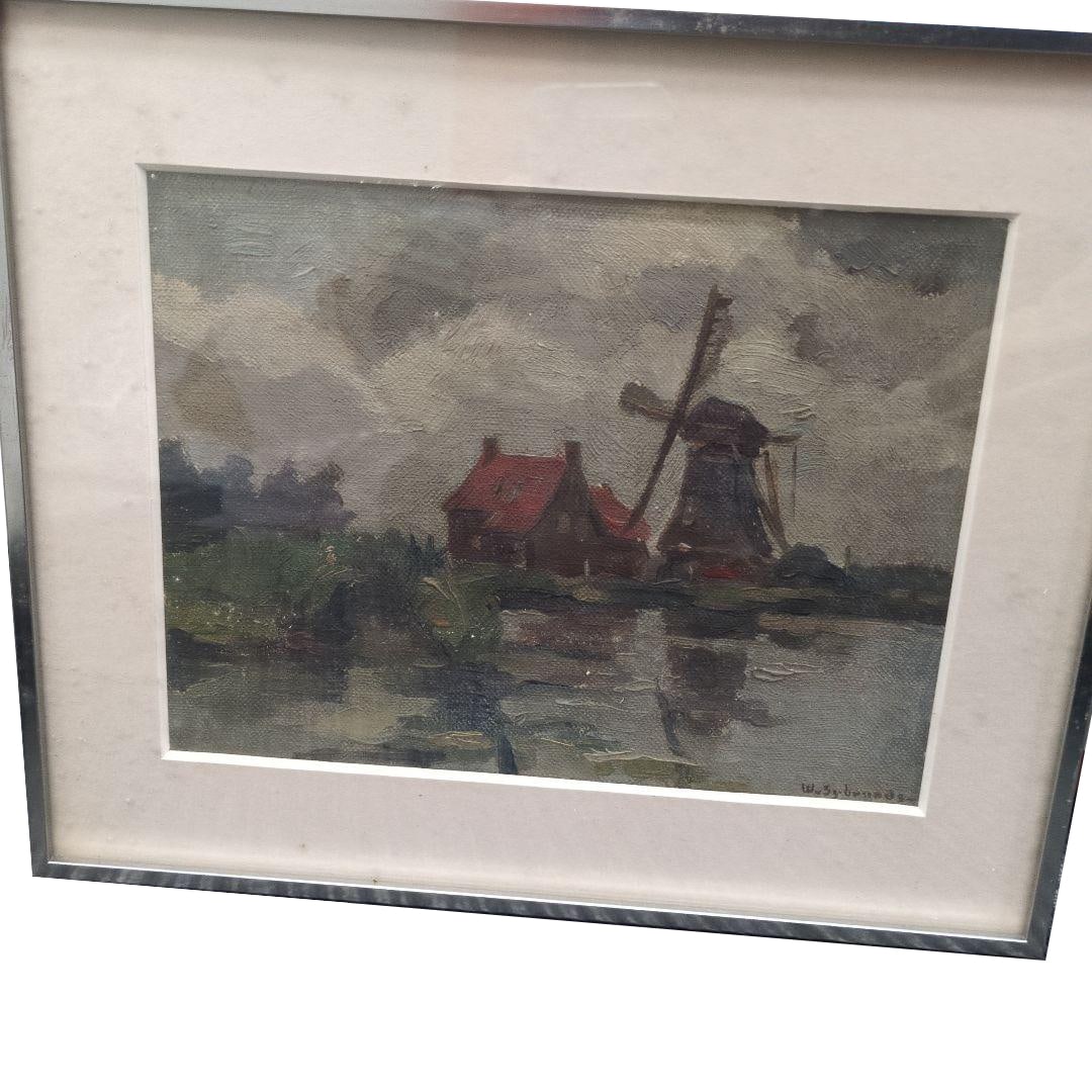 Oil Painting by Foreign Artist "Dutch Landscape with Windmills and Houses" (1 of 6)