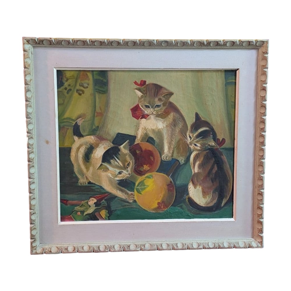 Pre- and Post-War Era Oil Painting on Canvas "Three Playful Kittens": Title: Pre-War and Post-War Era Oil Painting on Canvas "Three Playful Kittens" - Title and Artist Unknown, Period Collection Description: Thank you for visiting Mercari. This piece is part of a series