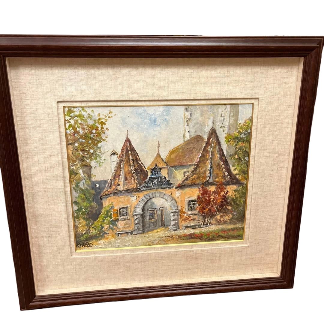 "Kenbutsu no Fukei" Yusai-ga: Title Price Further Reduced: Oil Painting of Architectural Landscape Description A warm-toned oil painting depicting an architectural landscape - Style: Oil Painting - Frame Material: Wooden Frame - T