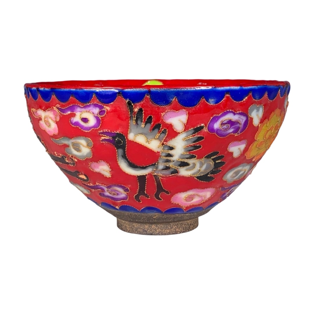 Song Dynasty Jian Kiln Cloisonn Enamel Phoenix Pattern Cup: This cup is a work from the Song Dynasty Jian kiln, showcasing exquisite cloisonn enamel craftsmanship with a vivid phoenix pattern, reflecting the superb skills of ancient artisans. The overall shape