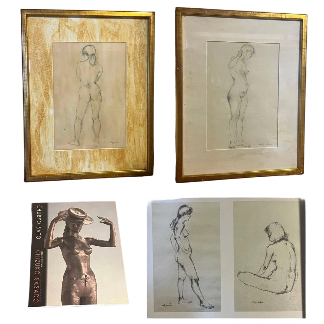 Sasado Chizuko "Portrait of a Woman" Pencil Drawing: Title Rare Item: Sketches by Chizuko Sasado, Pencil Drawings Set of 2 with Reference Book Description A set of two pencil drawings depicting female figures with delicate lines, created by sculptor Chi
