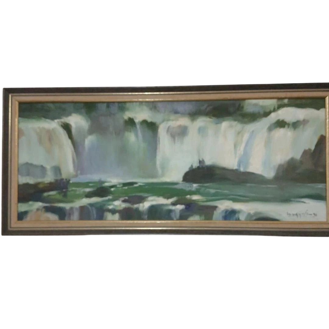 Runge "Taki no E" Oil Painting: Title: Painting of a Waterfall by Myanmar Artist Lun Gywe Description: This landscape painting of a waterfall is depicted with powerful brushstrokes, and the subdued tones add depth to the space. - Te
