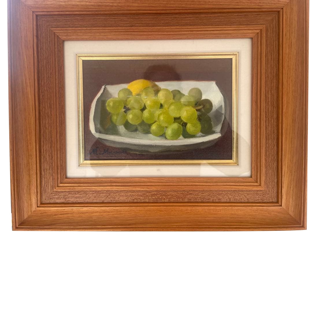 Morimoto Mitsuhide "Budo" Oil Painting: Title: Oil Painting by Mitsuhide Morimoto "Grapes" 1990 SM Size Description: This still life painting, created by Mitsuhide Morimoto in 1990, depicts fresh "grapes" displayed in a white vessel with de