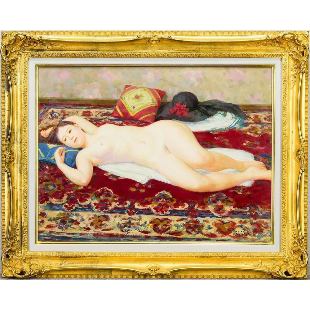 Tokuda Hiroyuki "Akai Jutan" Oil on Canvas, Size 12.: Title: Authentic Work by Tokuda Hiroyuki "Red Carpet" Oil Painting Size 12 Magnificent Work Soft Skin Beautiful and Elegant Nude Female Portrait by Popular Artist Description: Tokuda Hiroyuki Featured