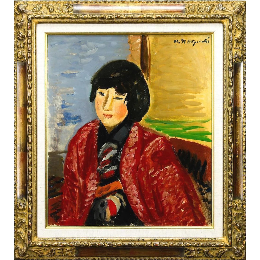 Noguchi Yataro "Shojo" Oil on Canvas, Size 10.: Title: Authentic WISH Yataro Noguchi "Young Girl" Oil Painting Size 10 - Shadows of the Showa Era Float in the Famous Painting of a Girl in Red - Member of the Japan Art Academy - Art Selection Minist