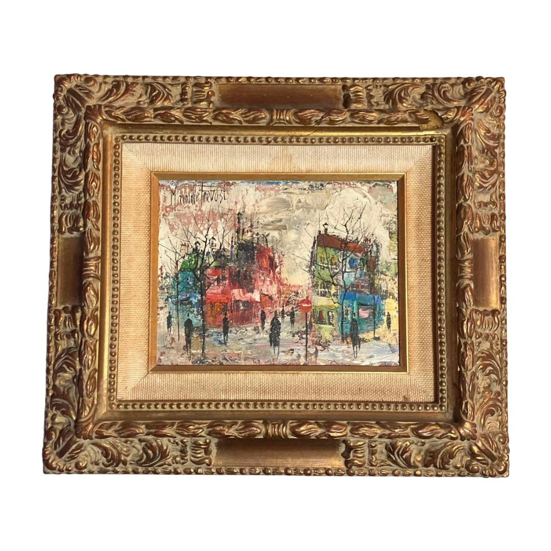 Marie Prevost "Fukeiga" (Landscape Painting): Title: Landscape Painting by Maurille Prevost Description: This is a landscape painting depicting a street corner in Paris, which has adorned a home for several decades. Maurille Prevost (born 1922/19