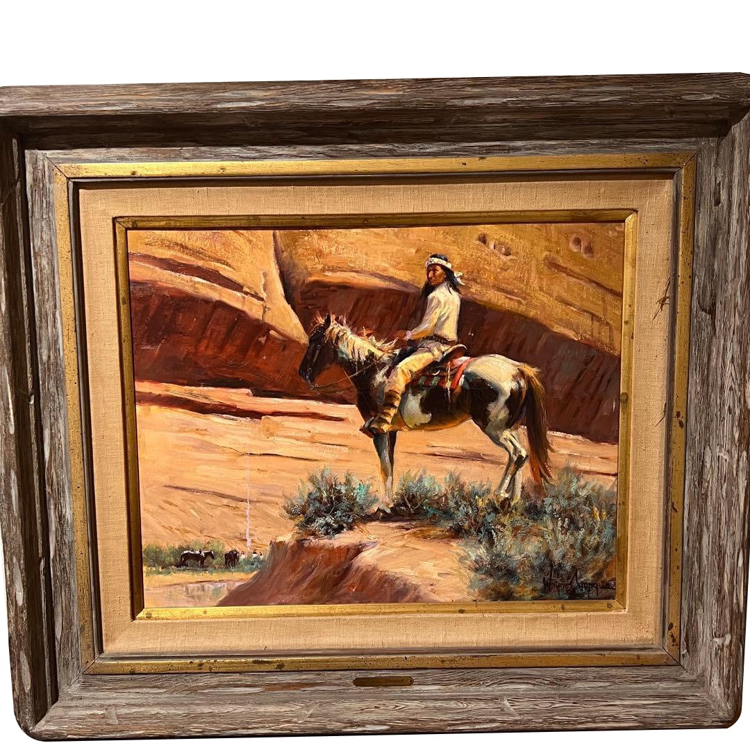 Wayne Cooper "Native American" Oil Painting: Title: Oil Painting by Wayne Cooper - Native American Western Art, Framed Antique Description: An oil painting by American artist Wayne Cooper . This Western art piece depicts Native Americans with ho