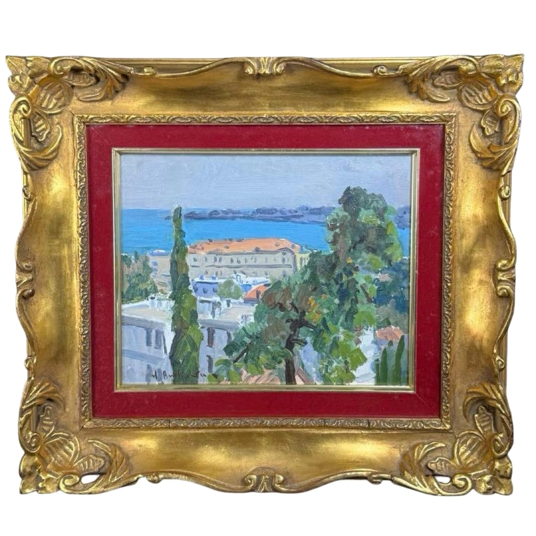 Arakawa Hiroshi, "Sea of Cannes," oil painting: Product Title: Arakawa Hiroshi "Sea of Cannes" Hand-Painted Oil Painting Product Description: Arakawa Hiroshi "Sea of Cannes" Hand-Painted Oil Painting The green of the cypress trees stretches towards