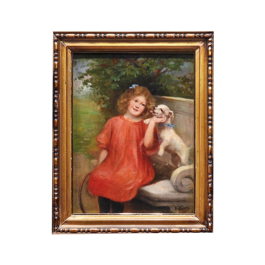 H. Winter "Shojo to Koinu" Oil on Canvas, No. 3: H.Winter "Shojo to Koinu" Oil on Canvas No. 3, Work Description: Signed by H.Winter "Shojo to Koinu". Although the detailed biography of the artist remains unclear, the theme and style reflect the gen