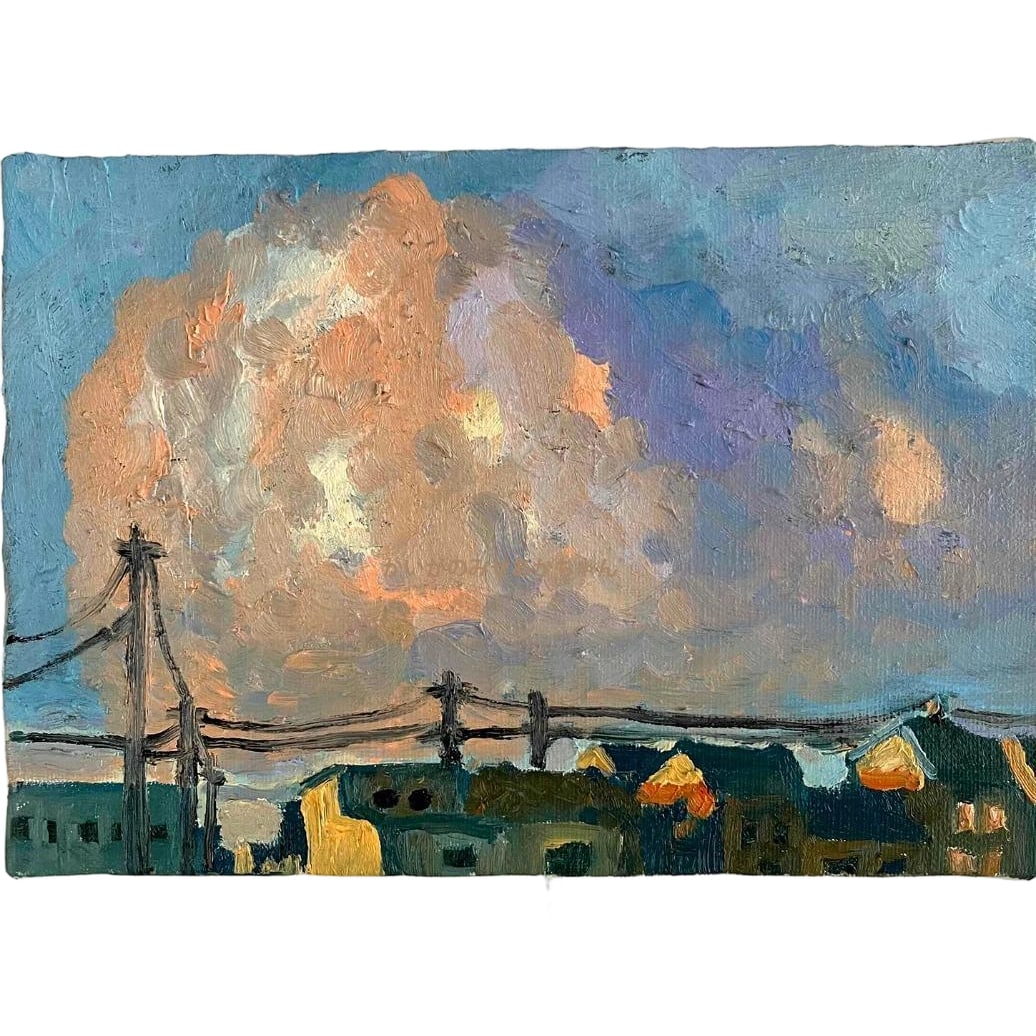 Kaiga no Mise Akachan "Asa no Fukei 2026613" yusai-ga: Title: Original Painting Oil "Morning Landscape 2026613" Thumbhole Size (16x23cm) Description: A landscape of magnificent cumulus clouds over a residential area in the neighborhood during the morning.