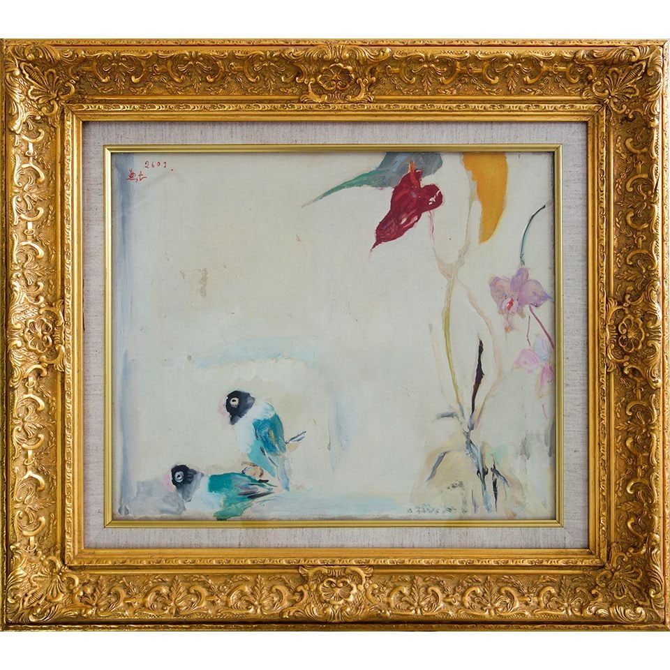 Takama Soshichi "Orchids and Small Bird" Oil Painting, Size F8: Title: Oil Painting by Takama Soshichi "Orchid and Small Bird" F8 Size, Created in Showa 16, Framed, Oil Painting, Orchid, Flower and Bird Painting, Animal Painting, Nihon Gallery Provenance, Authenti