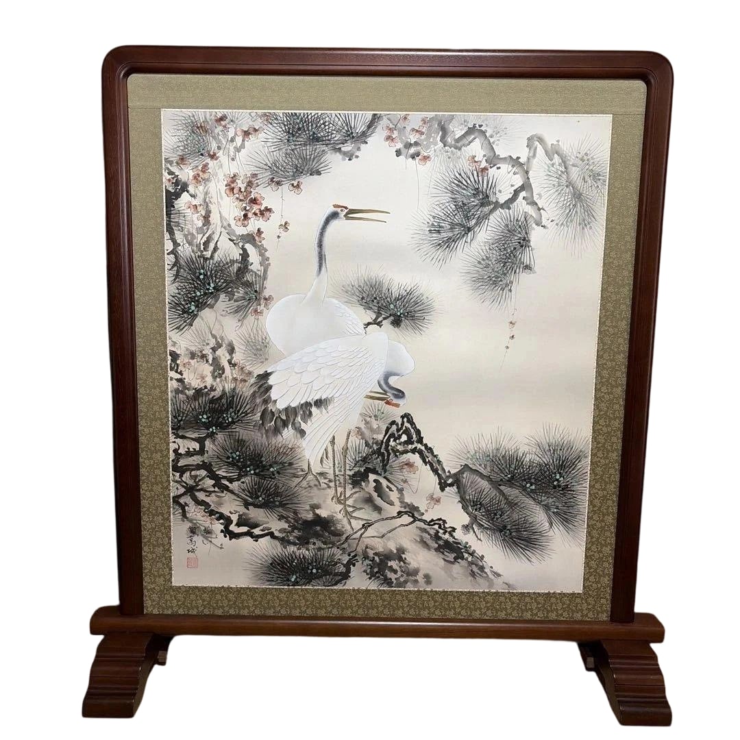 Hayashi Bansho "Matsu ue no Tsuru" Genkan Kazari: Product Title: Folding Screen with Cranes on Pine by Hayashi Bansho, Entrance Decoration Approximate Height: 108 cm, Width: 101.6 cm, Depth (Legs): 30.2 cm. As measurements are not professionally