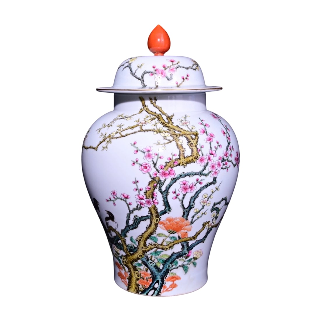 Yongzheng Period Famille Rose General Jar with Floral and Bird Motif: This Yongzheng period famille rose general jar features vibrant colors and exquisite floral and bird motifs, showcasing the superb craftsmanship of famille rose during the Yongzheng era. The jar's dig