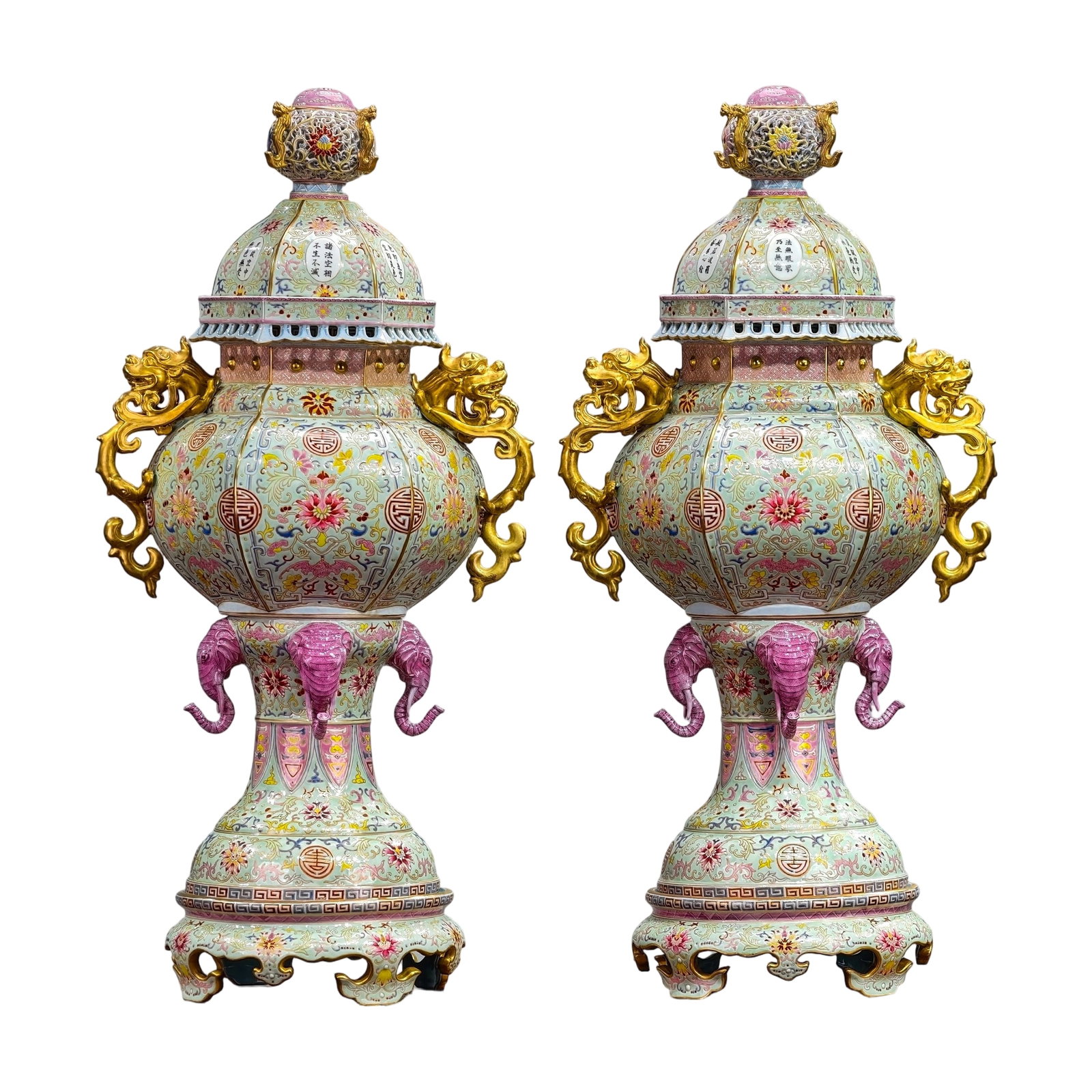 Qing Dynasty Qianlong Gilt Enamel Famille Rose Floral Incense Burner Pair: This pair of incense burners is composed of five parts, showcasing the exquisite craftsmanship of Qing Dynasty official kilns. The lid features a hollow spherical knob with gilt floral patterns, and t