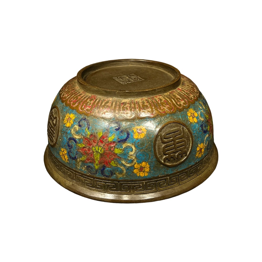 Republic of China Cloisonn Enamel Bowl with Longevity Design: This Republic of China period cloisonn enamel bowl is renowned for its exquisite longevity design. The patina is authentic and well-preserved, reflecting the passage of time and historical depth. The