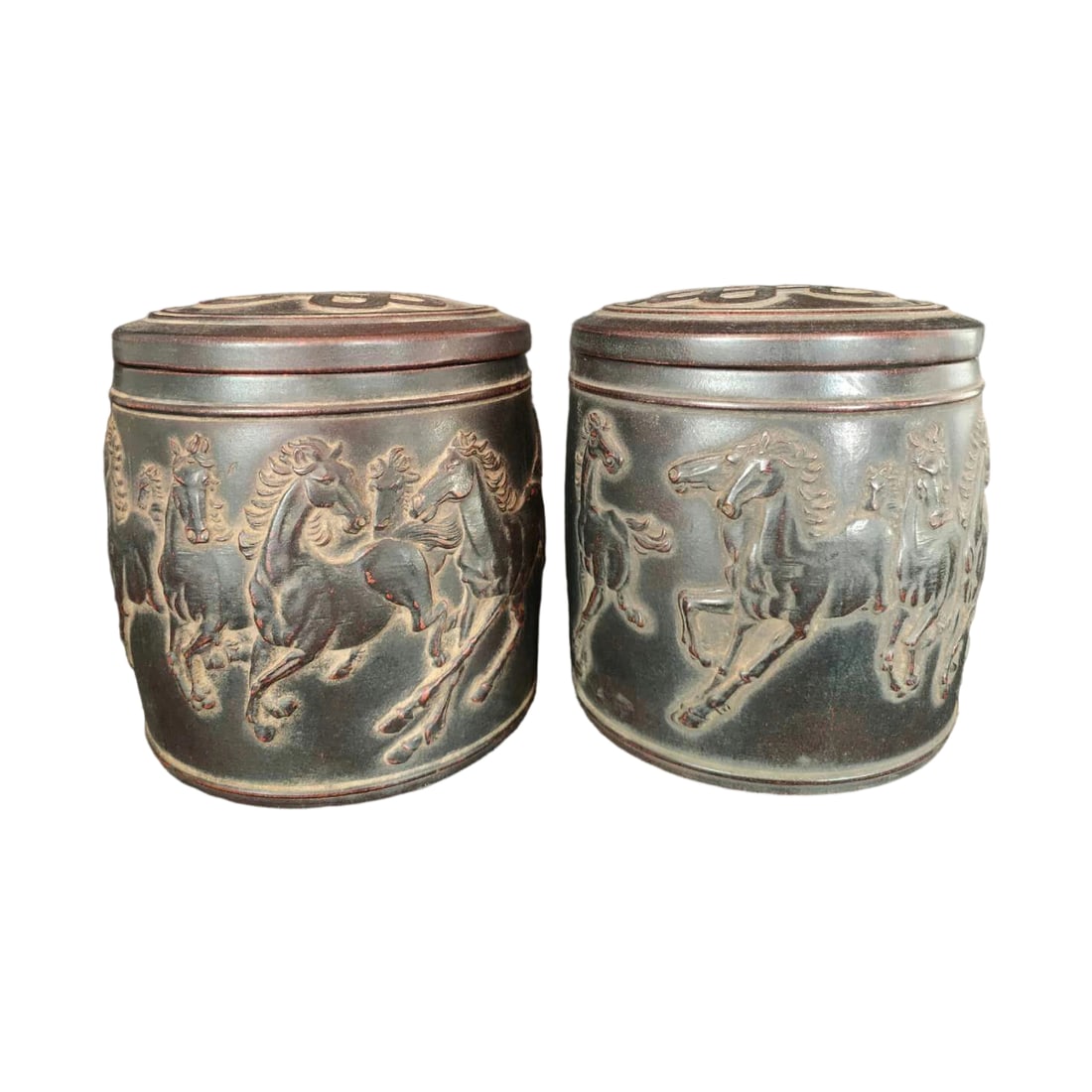 Guangxu Period Purple Clay Tea Caddy with Eight Horses Design: This pair of purple clay tea caddies is from the Guangxu period, featuring exquisite Eight Horses design. The patina is exceptional, showcasing the unique charm of purple clay. They are in perfect