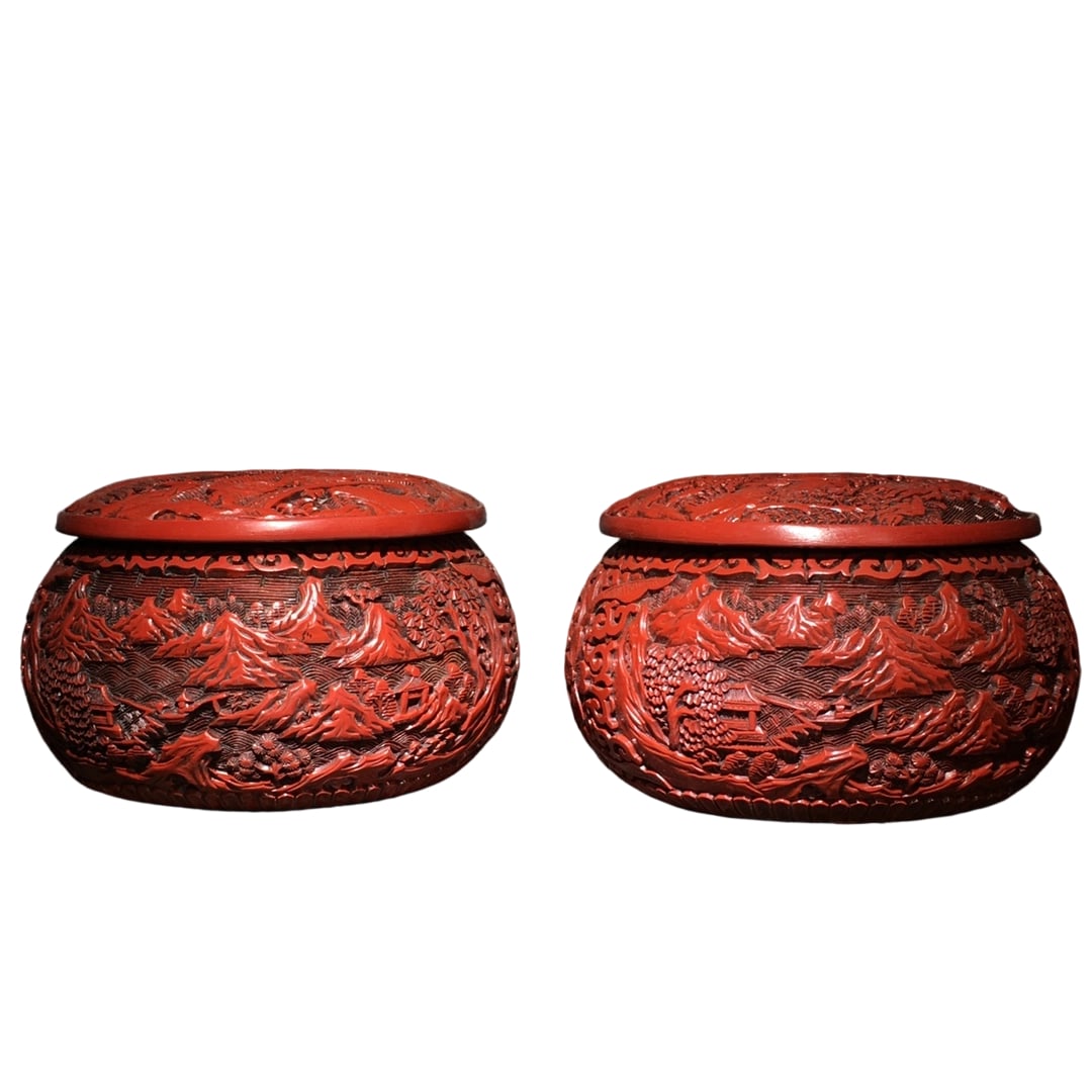 Pair of Carved Red Lacquer Go Jars (1 of 10)