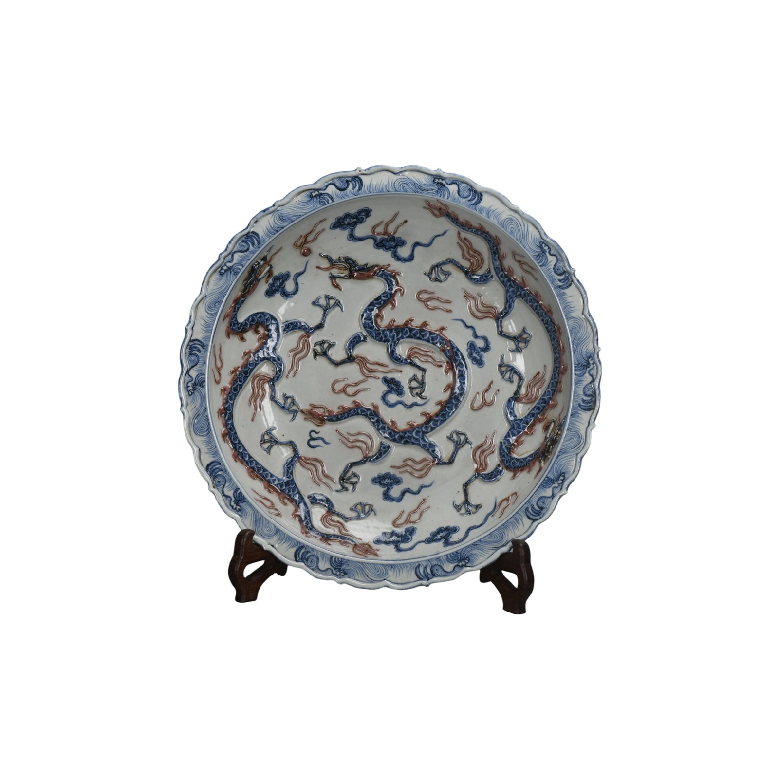 Yuan Dynasty Blue and Red Underglaze Carved Lotus and Dragon Plate (1 of 10)