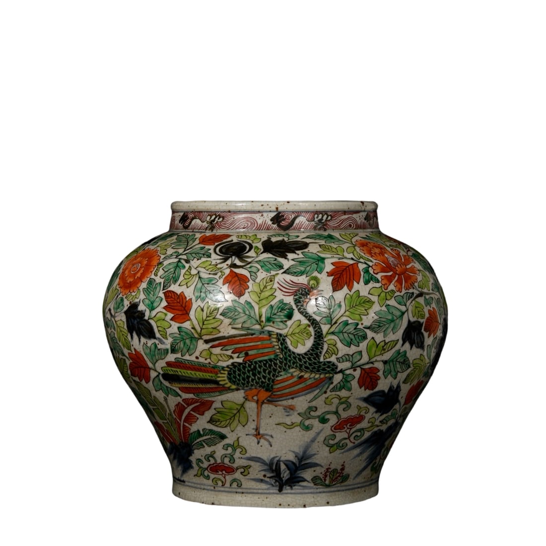 Yuan Dynasty Wucai Crackle Glaze Peacock and Peony Jar (1 of 10)