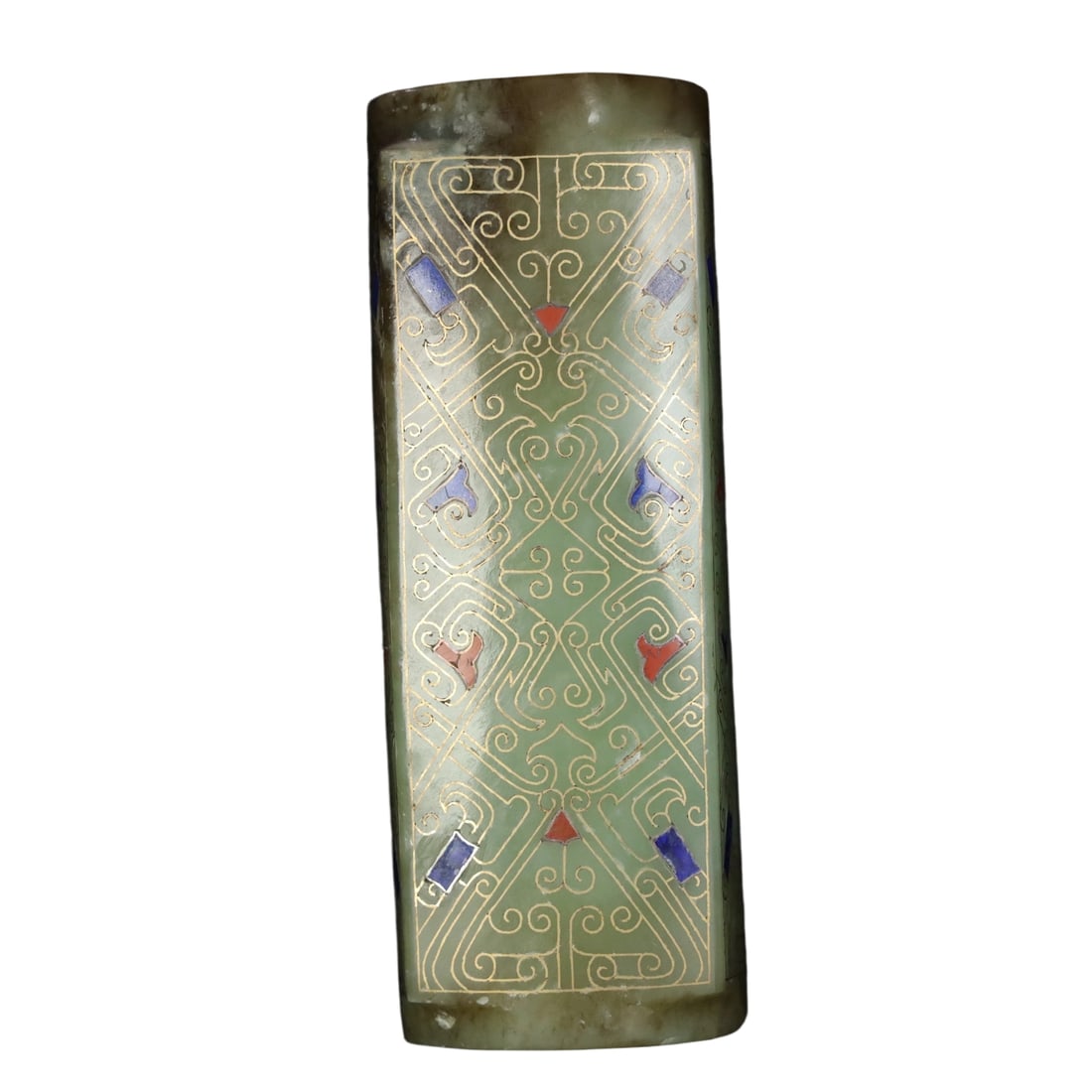 Hetian Jade Cong with Gold Inlay and Gemstone: This Hetian jade cong with gold inlay and gemstone features a fine and smooth texture, showcasing the beauty of patina developed over time. The exquisite gold inlay craftsmanship and gemstone