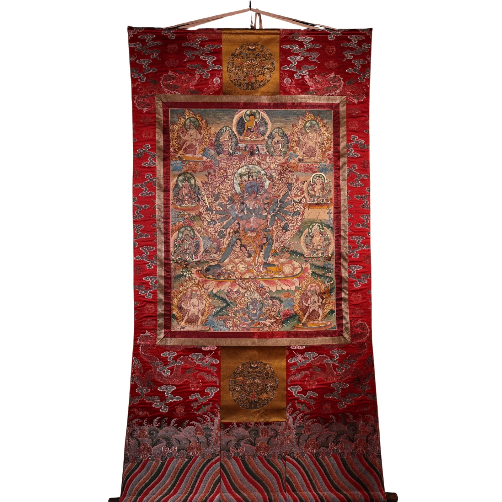 Ming Dynasty Hand-painted Ten-wheel Vajra Buddha Leather Thangka: This Thangka, crafted by a top Ming Dynasty artist, is hand-painted with natural mineral pigments on genuine leather, showcasing exquisite craftsmanship. The piece is framed, embodying the essence of 