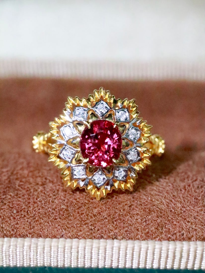 Unheated Ruby Ring: This unheated ruby ring showcases a modern vintage design with vibrant colors and noble elegance. It features a 1.03-carat unheated pigeon blood red ruby, complemented by 0.08 carats of diamonds, with
