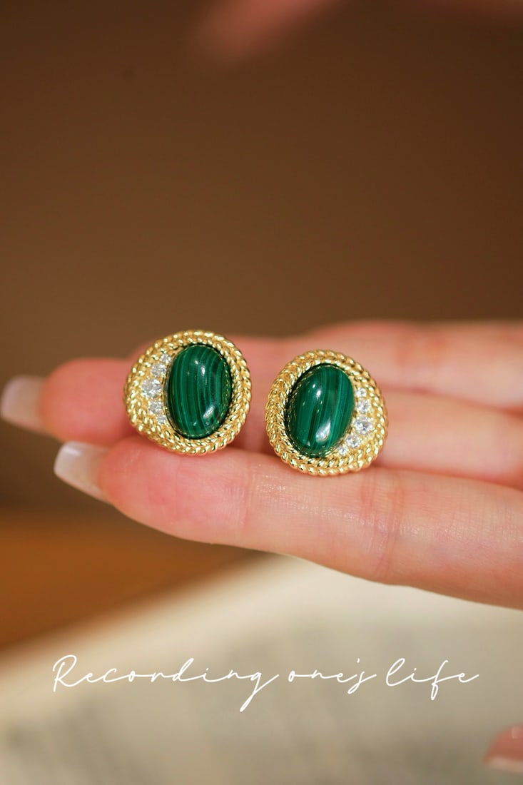 S925 Silver Malachite Earrings: These earrings feature deep malachite as the main stone, exuding a serene aura. The classic design combined with handcrafted twisted texture adds a vintage charm. The silver plated with thick 18K