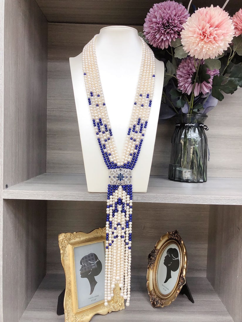 Natural White Pearl Long Necklace: This long necklace features a classic combination of natural white pearls and lapis lazuli, showcasing a perfect blend of elegance and vintage style. Each pearl is carefully selected to ensure its nat