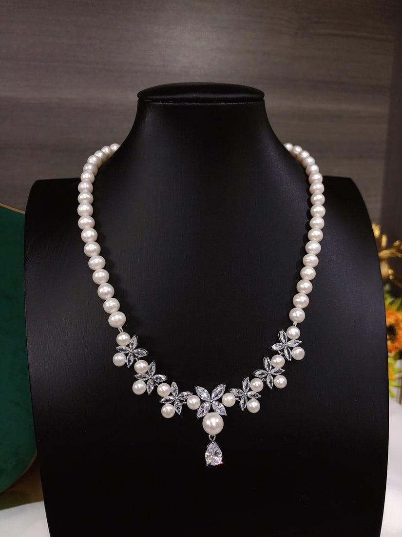 Natural White Pearl and Zircon Necklace (1 of 9)