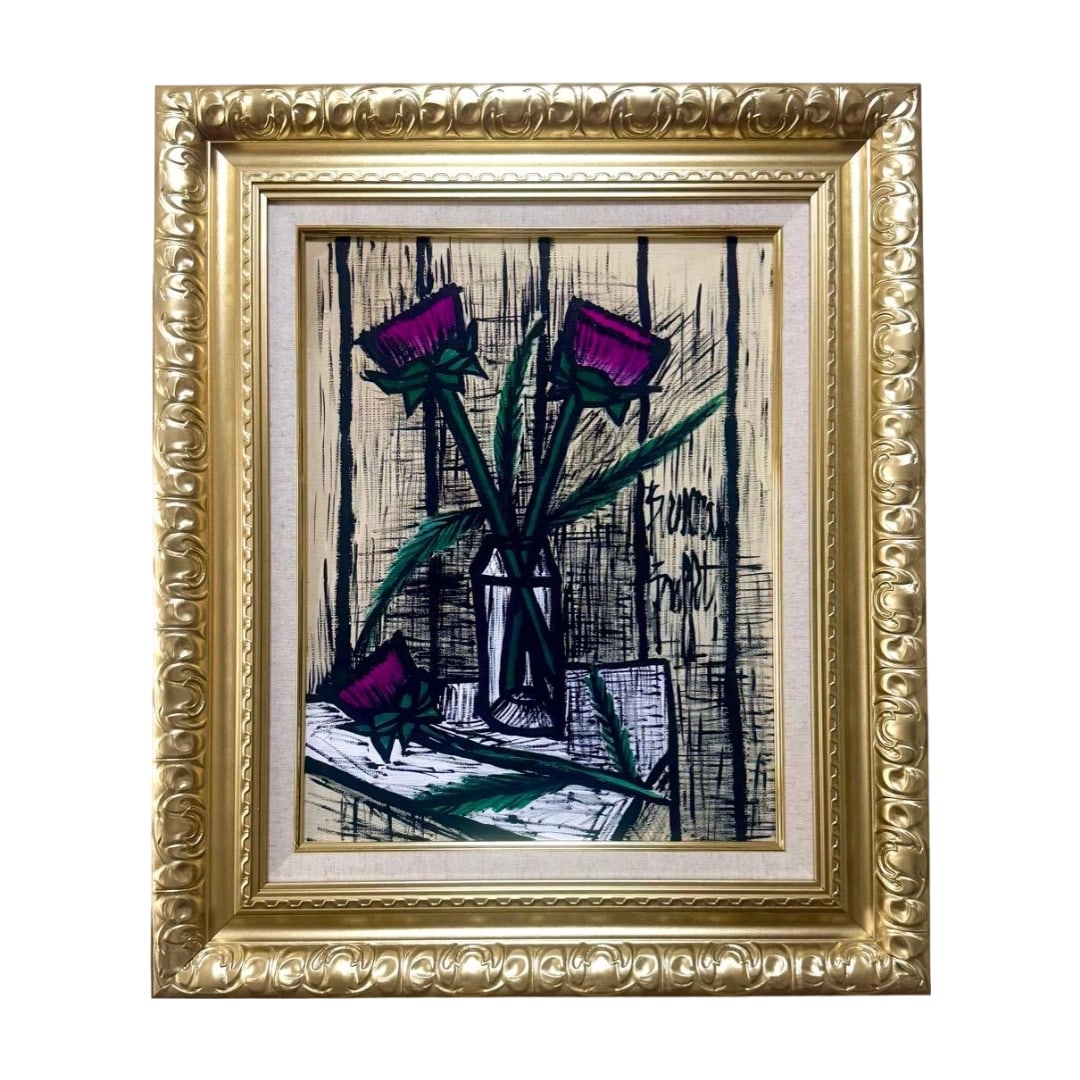 Bernard Buffet "Artichoke Flower" Oil Painting F6: Title (F6 Size) Bernard Buffet "Artichoke Flowers" Original Painting / Signed on Front and Back Description This is an original hand-painted oil painting. Acquired from the home of a practicing doctor