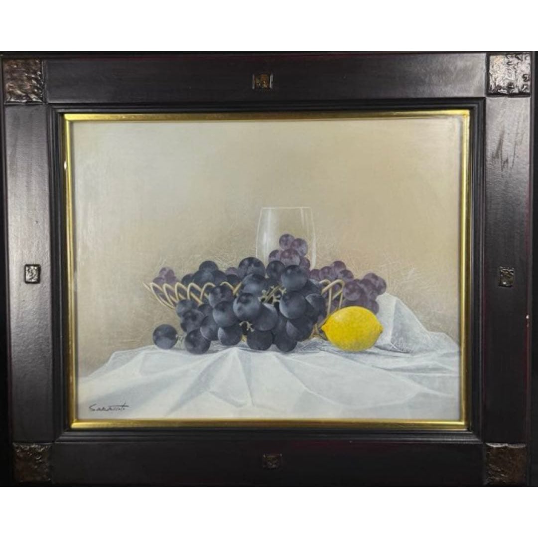 Sakamoto Shuji "Budo to Remon" Oil Painting: Title: "Realism" by Sakamoto Shuji "Grapes and Lemon" Original Oil Painting Description: "Realism" by Sakamoto Shuji "Grapes and Lemon" Original Oil Painting In a space of porcelain white, clusters of