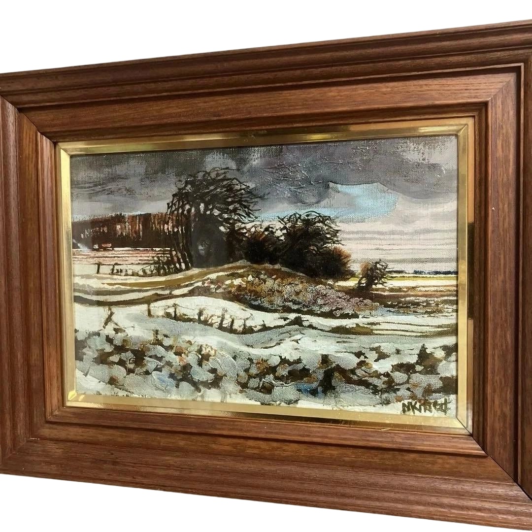 Michelle King "Fuyu no Kumoma ni" Oil Painting 4P: Title: Oil Painting by Michel King - Landscape - Framed - Signed Description: This abstract landscape painting is depicted with heavy brushstrokes. The wooden frame with gold trim enhances the substan