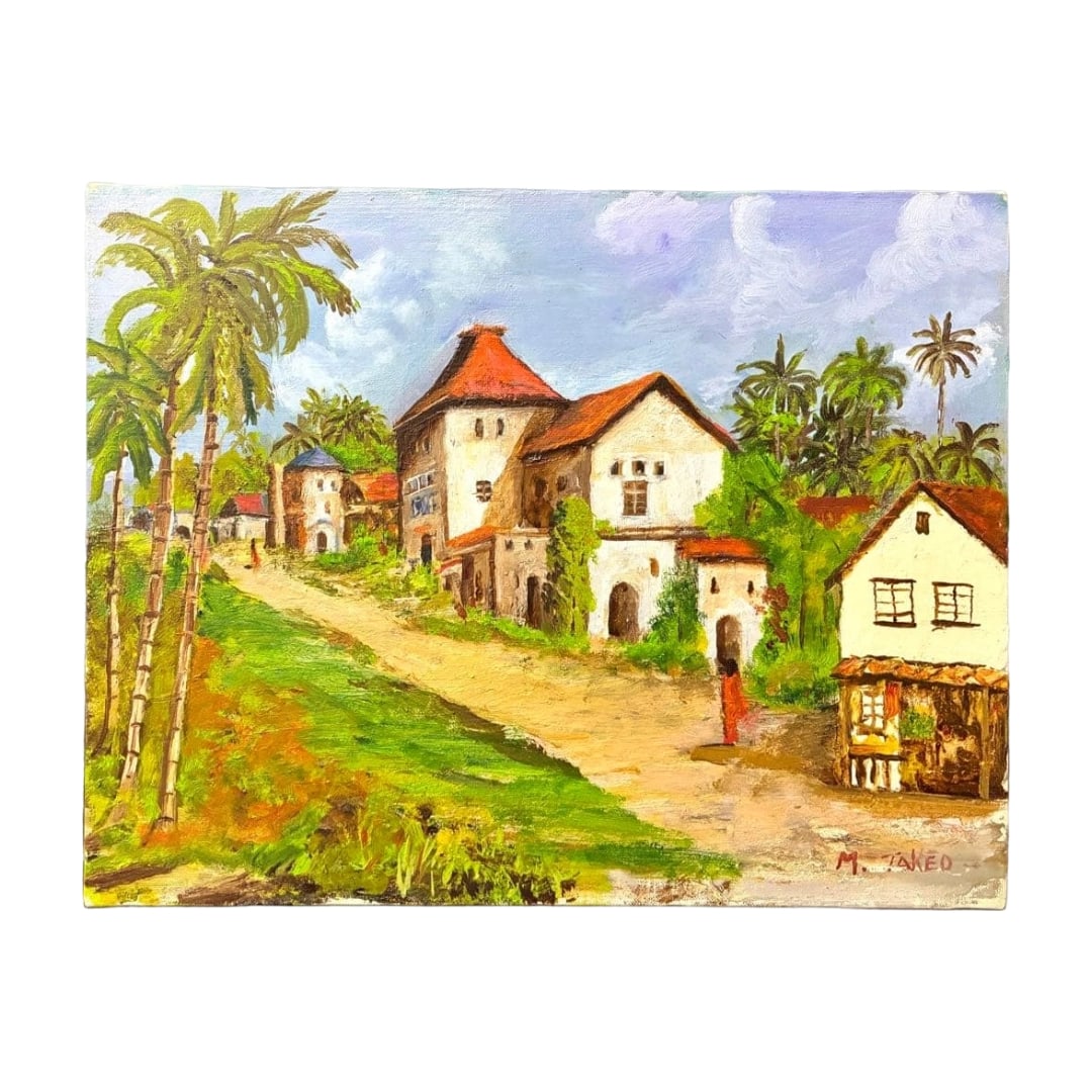 M. TAKED "Nangoku Fukei Yashi no Ki" Oil Painting F6 (Southern Landscape Palm Trees): Title: Oil Painting F6 Tropical Landscape Palm Trees Interior Art Canvas Wall Hanging E305 Description: This is an oil painting depicting a tropical landscape, with palm trees and exotic architecture 
