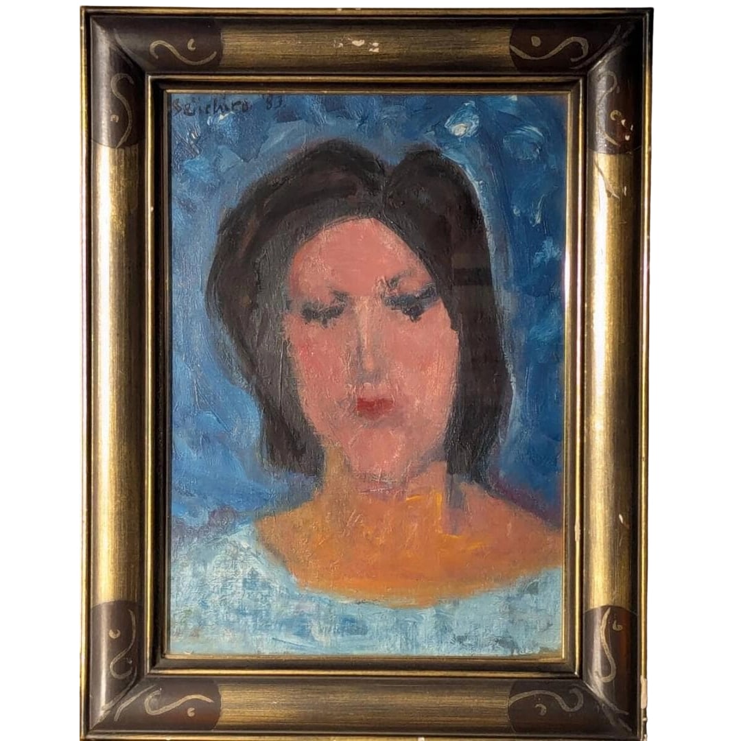 Oil Painting of a Female Figure "Modern Portrait Standing Against a Blue Background" F4 Size: Title Authentic Painting, Oil on Canvas No. 4, Portrait of a Woman, Modern Portrait Standing Against a Blue Background, Framed, C118 Description Frame dimensions approximately 32x42 cm Artwork dimensi