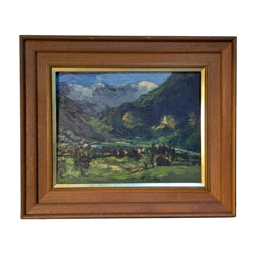 Oil Painting of Alpine Valley Scenery "The Silence of Mountains and Villages" F6: Title Authentic Painting, Oil on Board No. 6 - Alpine Valley Landscape: The Tranquility of Mountains and Villages C197 Description Frame dimensions approximately 61x51 cm Artwork dimensions approximat