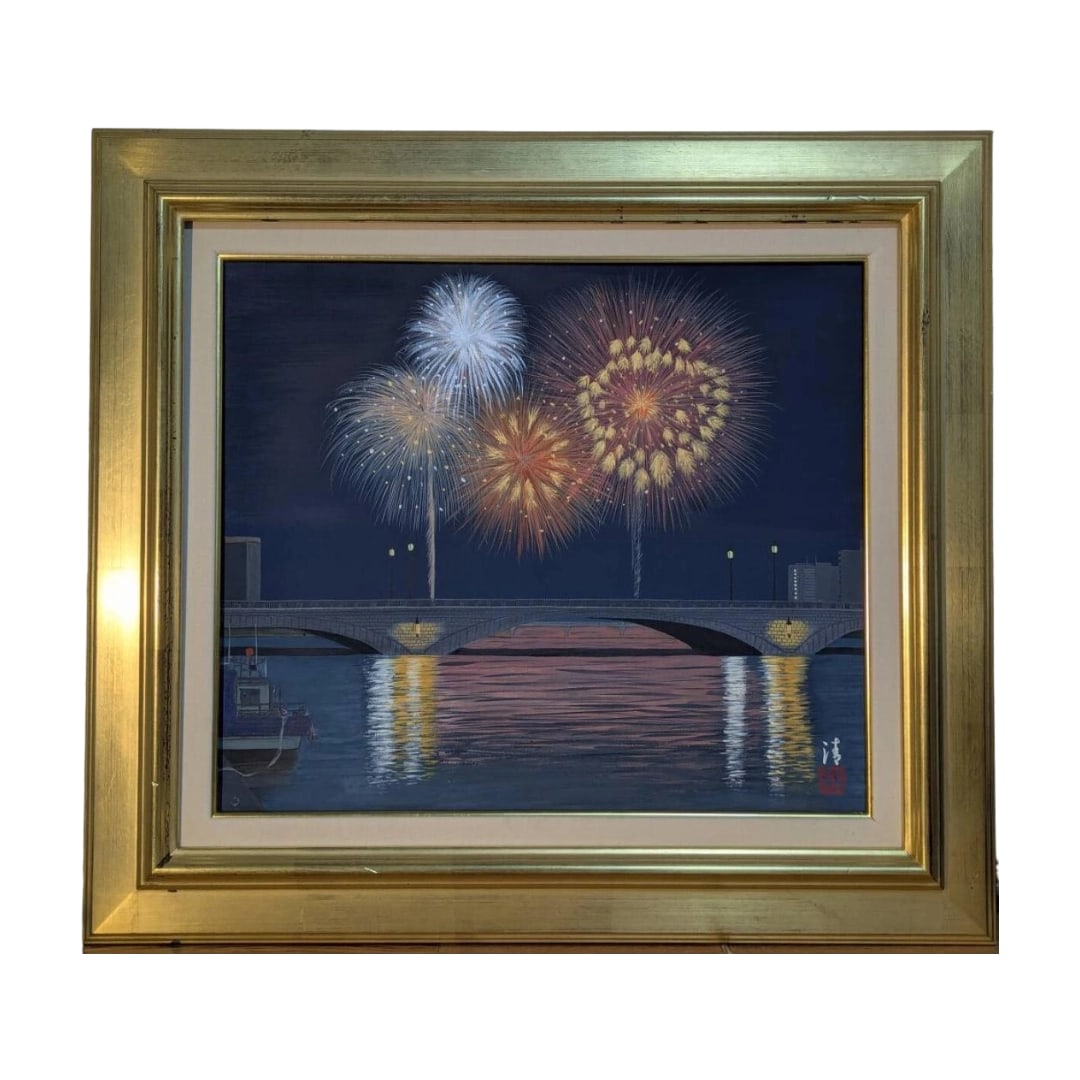 Oil Painting "Yozora o Irodoru Dairin Hanabi to Hashi Keshiki" F10 Size: Title Authentic Painting, Oil on Canvas No. 10, "Fireworks Adorning the Night Sky and Bridge Scenery," Night View Interior, C183 Description Frame Dimensions: Approximately 74x67 cm Artwork Dimensions